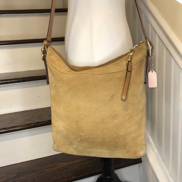 COACH Camel Suede Slim Duffle Feeder Signature C Lining Crossbody Shoulder Bag - Picture 1 of 17